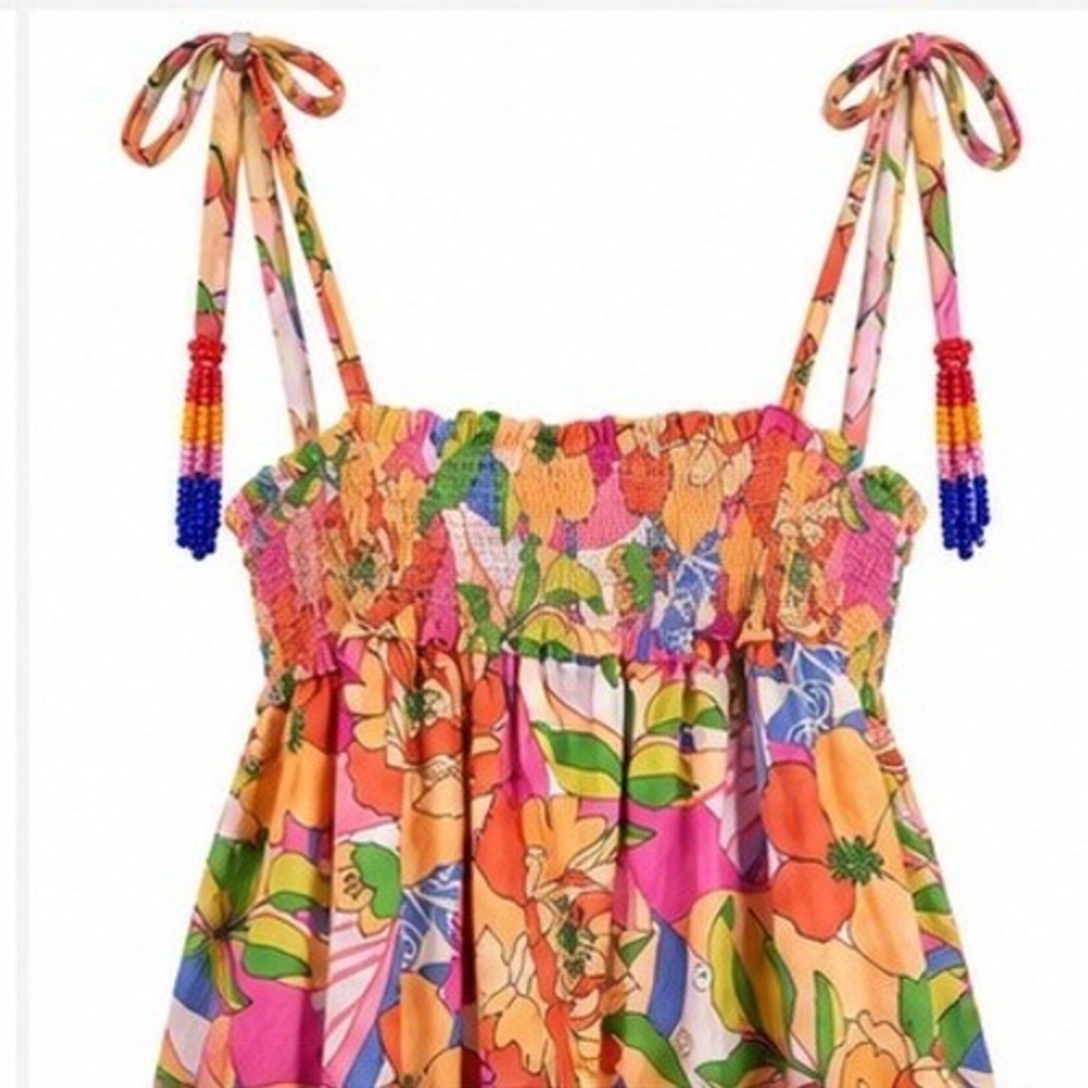 Fate Floral Midi Resort Dress Small Tie Shoulder 100% Cotton Beaded Tassel Boho - Picture 2 of 8